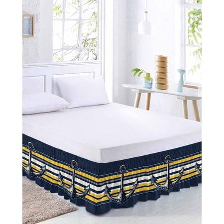 Vintage Anchor Bed Skirt King Size 18 Inch Drop, Yellow Blue Striped Adjustable Elastic Dust Ruffles Bedskirt for King Bed Wrap Around Pleated Mattress Frame Cover