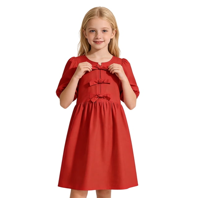 FhsagQ Robes de Pâques pour Filles Taille 14 à 16 Robe d'Été Décontractée pour Filles avec Nœud Manches Bouffantes Couleur Unie Robe de Fête à Manches Courtes pour Enfants Rouge Taille 13-14 Ans