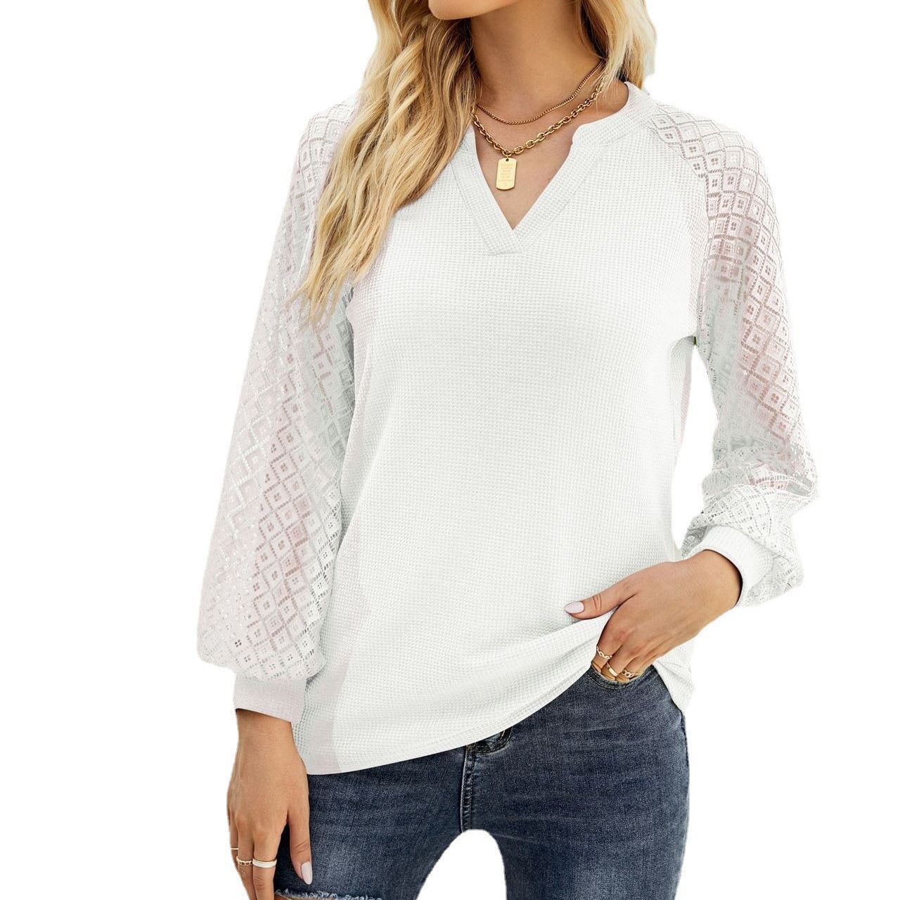 MOSHU Waffle Blouse for Women Lace Long Sleeve V-Neck Shirts Fall ...