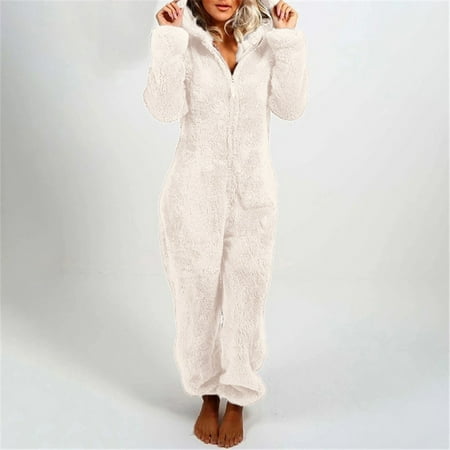 Ydkzymd Jumpsuit Women Fleece Lined Long Sleeve Bodysuit Corset Women Solid Color Warm Winter Hoodie Plush Overalls Sherpa Graphic Zipper Plus Size Rompers White S