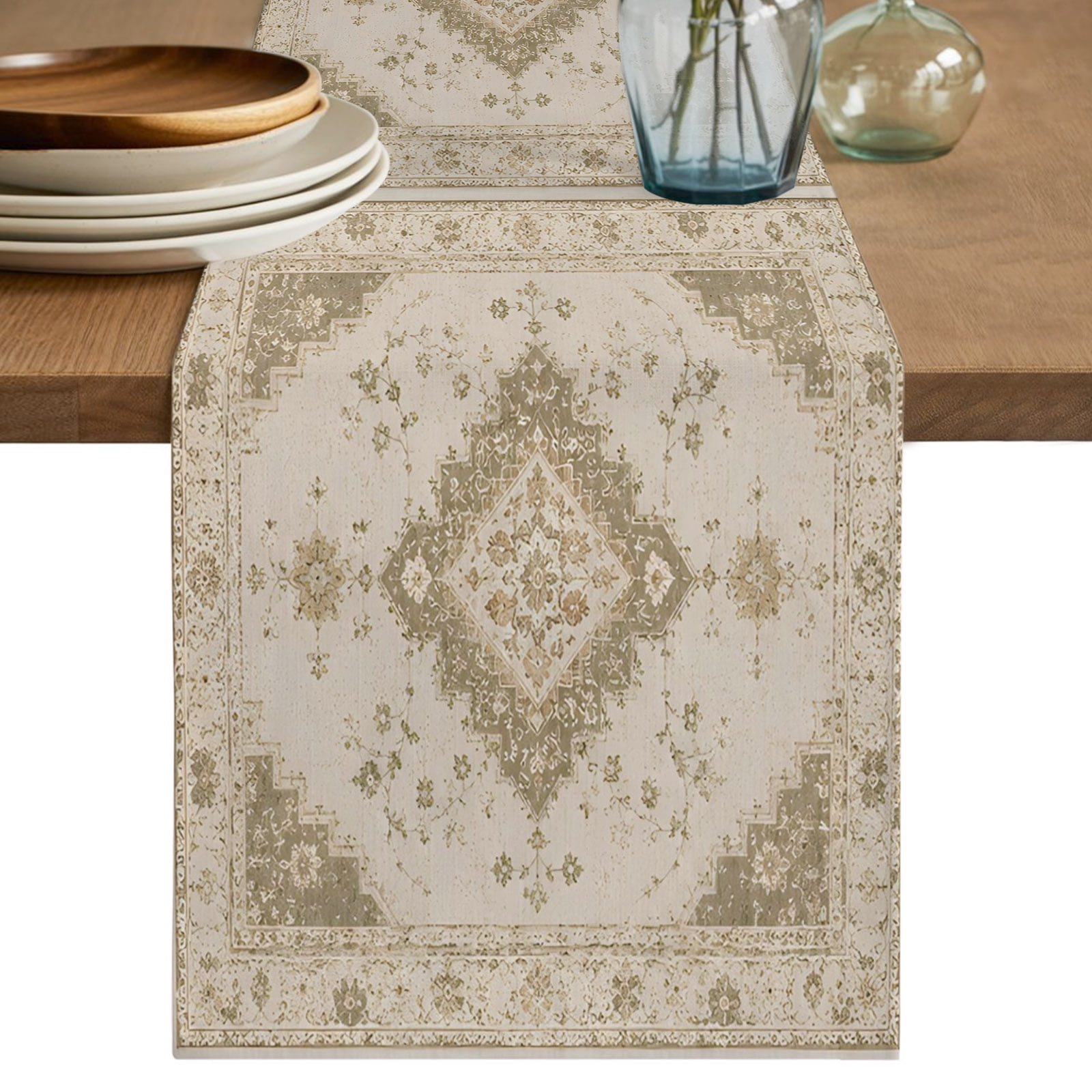 Boho Floral Motifs Table Runner Vintage Distressed Green Beige Flower Pattern Cotton Linen Table Cloth Tablerunner for Kitchen Dining Party Wedding Home Decor 13x60 Inch