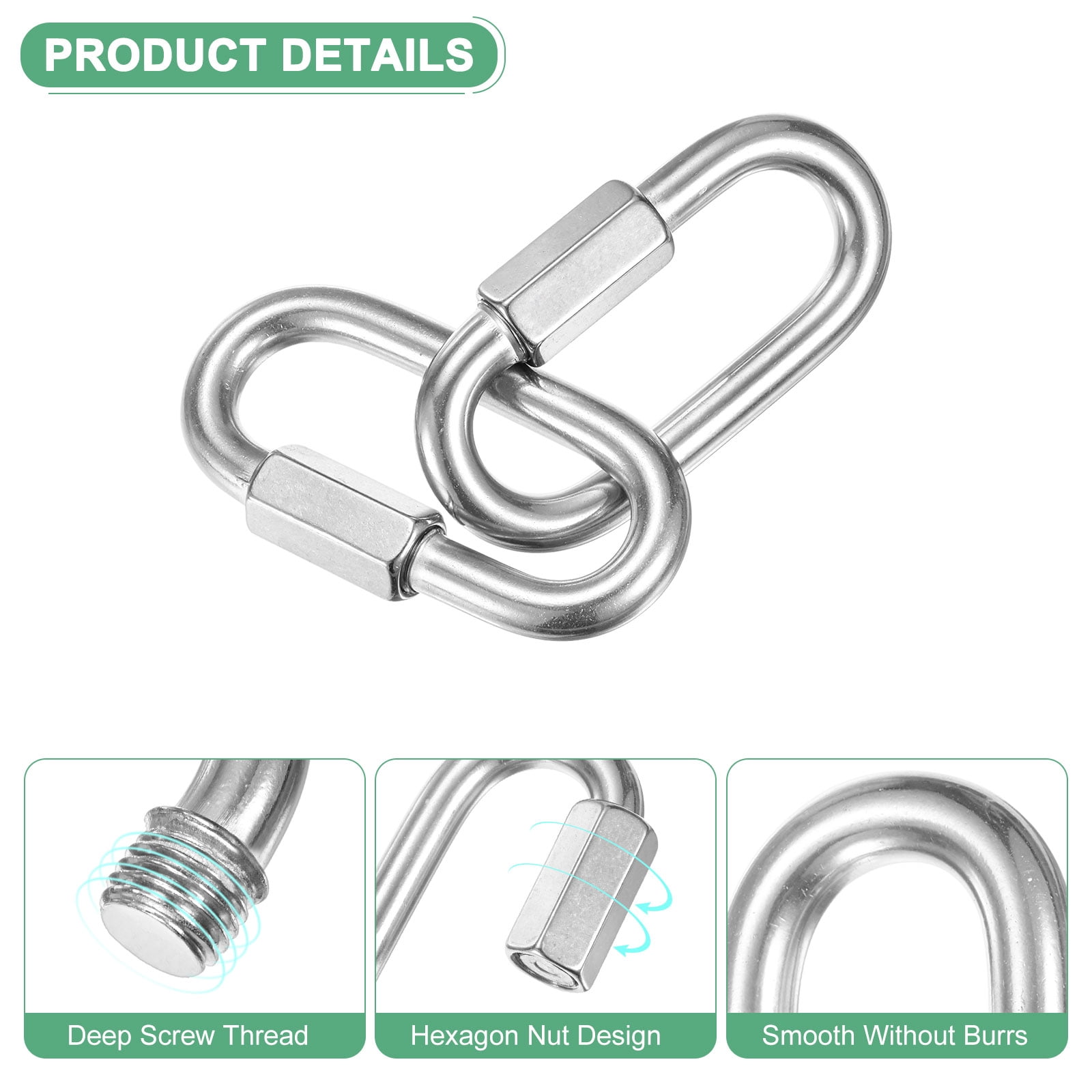 4-Pack Quick Chain Link Connector, M10 3/8 304 Stainless Steel D-Shape Locking Repair Chain Links for Swing/Camping/Hiking/Backpack, Twist Key Ring Screw Chain Link [Silver]
