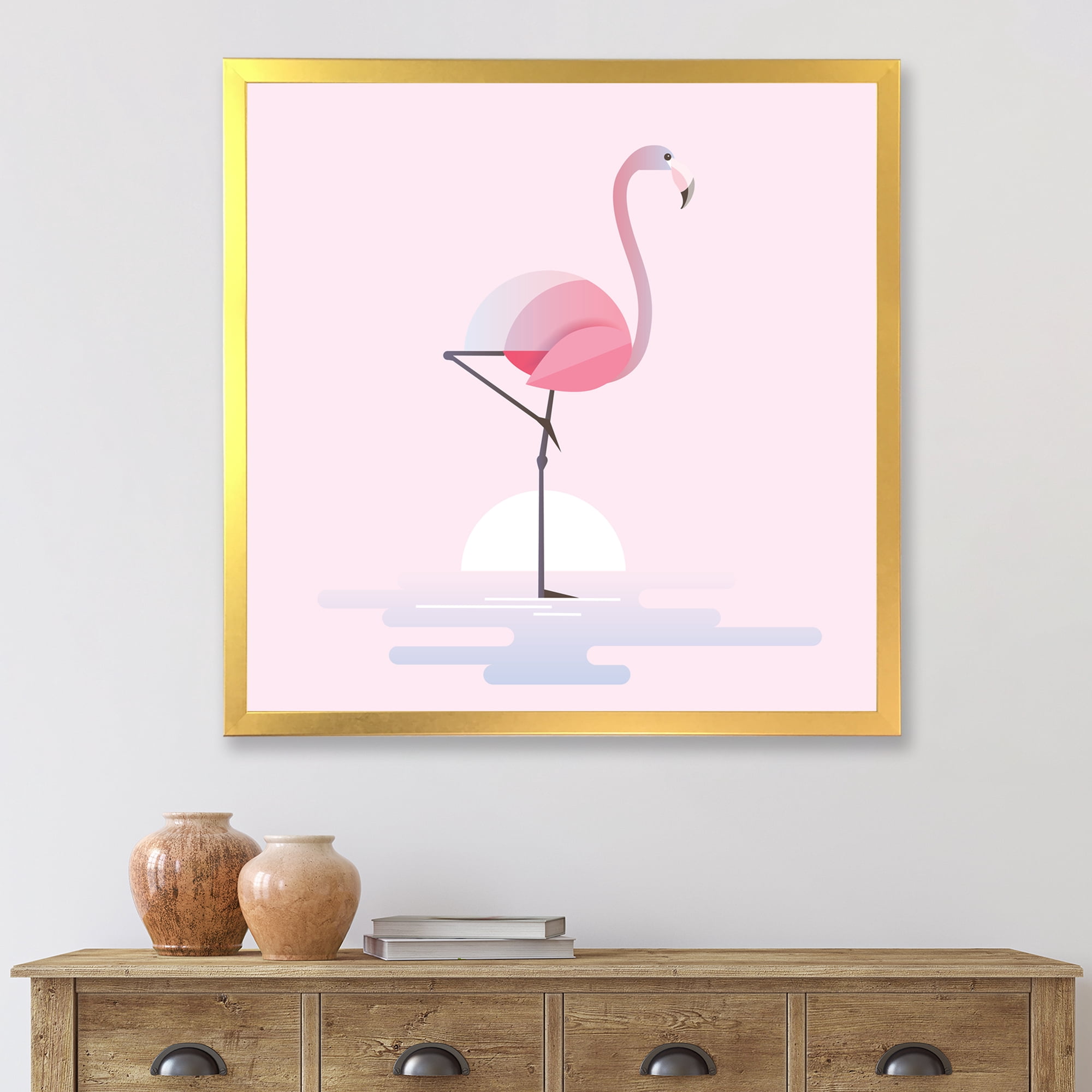 Designart 'Standing On One Toes Pink Flamingo' Farmhouse Framed Art Print