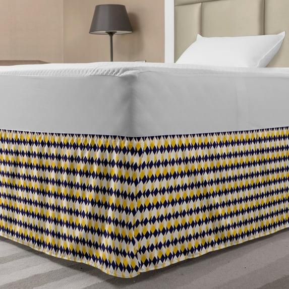 Geometric Bed Skirt, Triangles in Ethnic Aztec Culture Effects Folk Traditional Pattern, Elastic Bedskirt Dust Ruffle Wrap Around for Bedding Decor, 4 Sizes, Indigo Beige and Mustard, by Ambesonne
