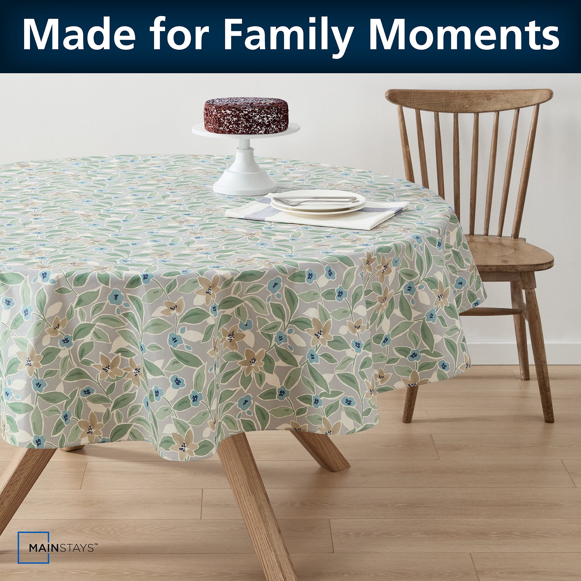 Mainstays PEVA Floral Tablecloth, Indoor & Outdoor Table Decoration 70" Round, Grey Floral