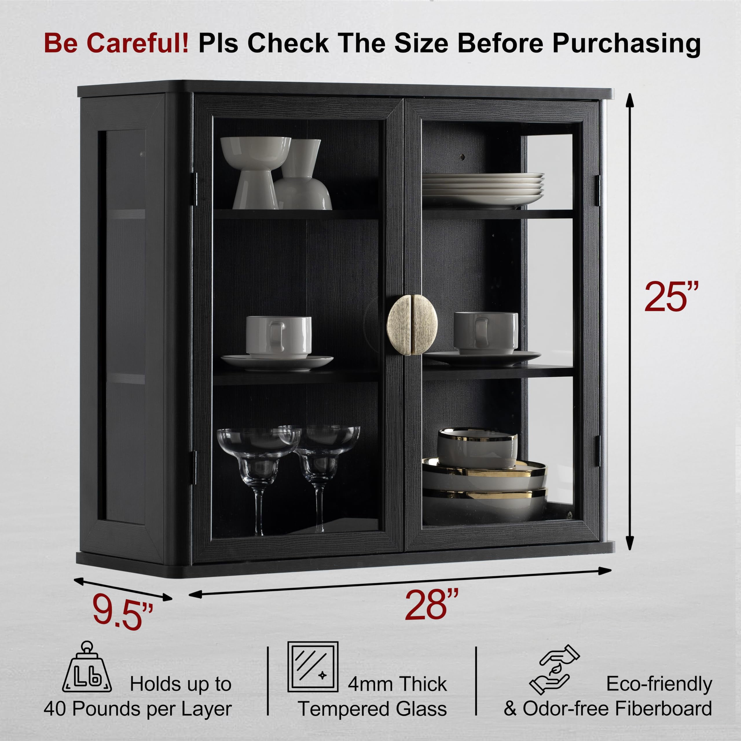 POLIHOME Display Wall Cabinet with Tempered Glass Doors，Storage Cabinet with Adjustable Shelves