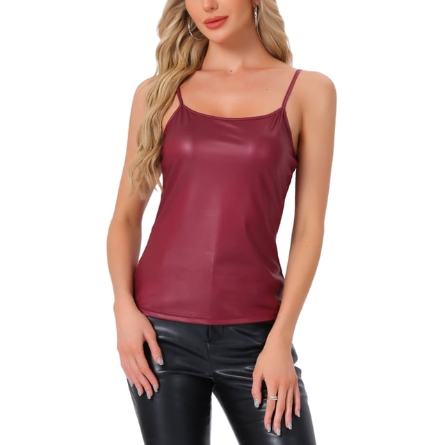 INSPIRAR CHIC Top sin mangas metálico brillante de fiesta holográfico para mujeres, ajuste ceñido, color rojo vino, talla XS