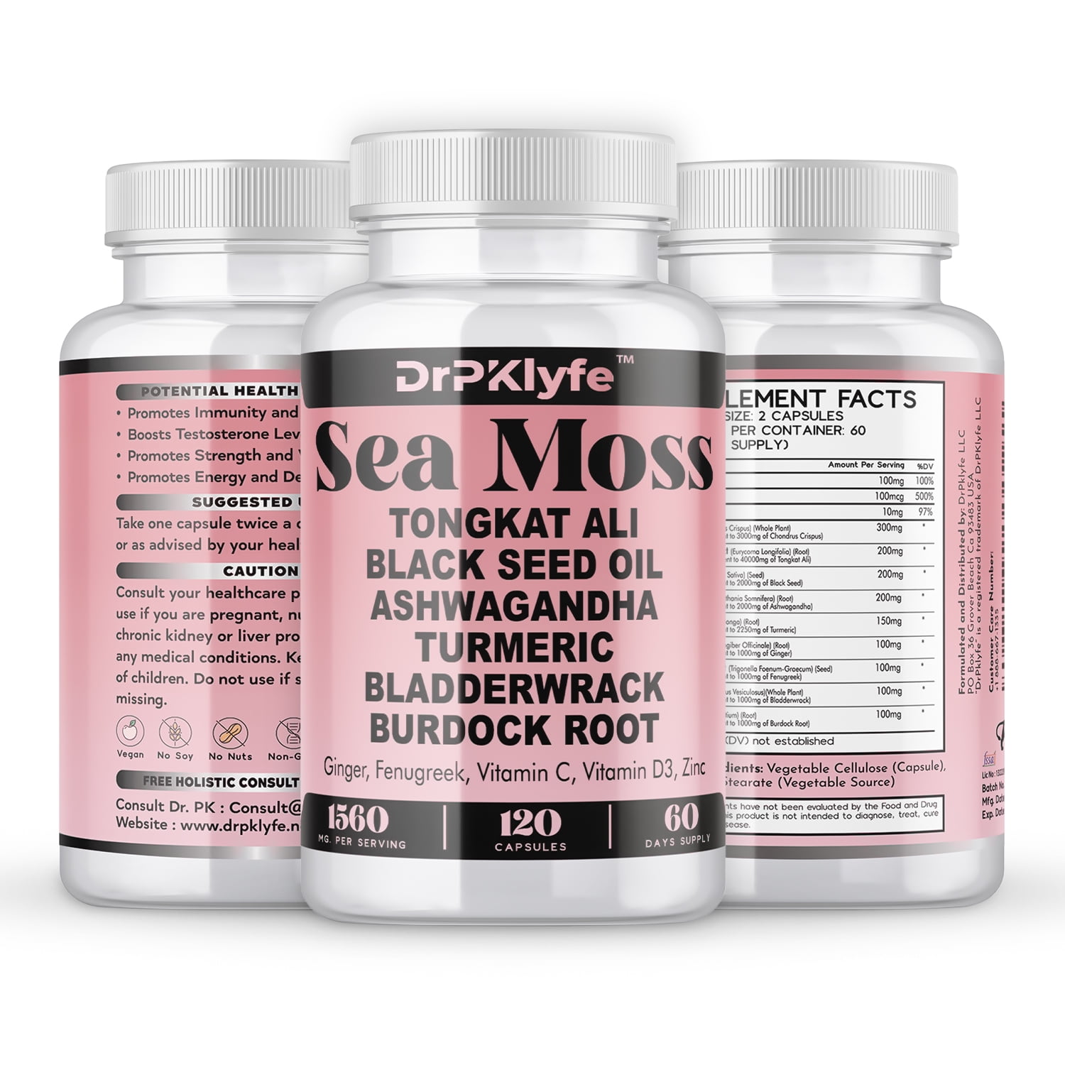 Sea Moss 3000mg Black Seed Oil 2000mg Ashwagandha 2000mg Ginger, Turmeric, Bladderwrack, Burdock Root & More - All in One Supplement 120 Vegan Capsules