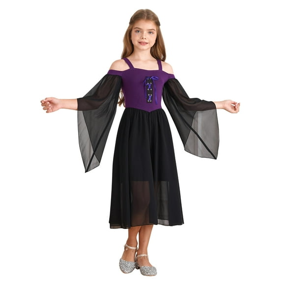 Ocealan Kids Girls Medieval Princess Dress-up Off Bell Sleeve Maiden Maxi Gown Dress Purple 8