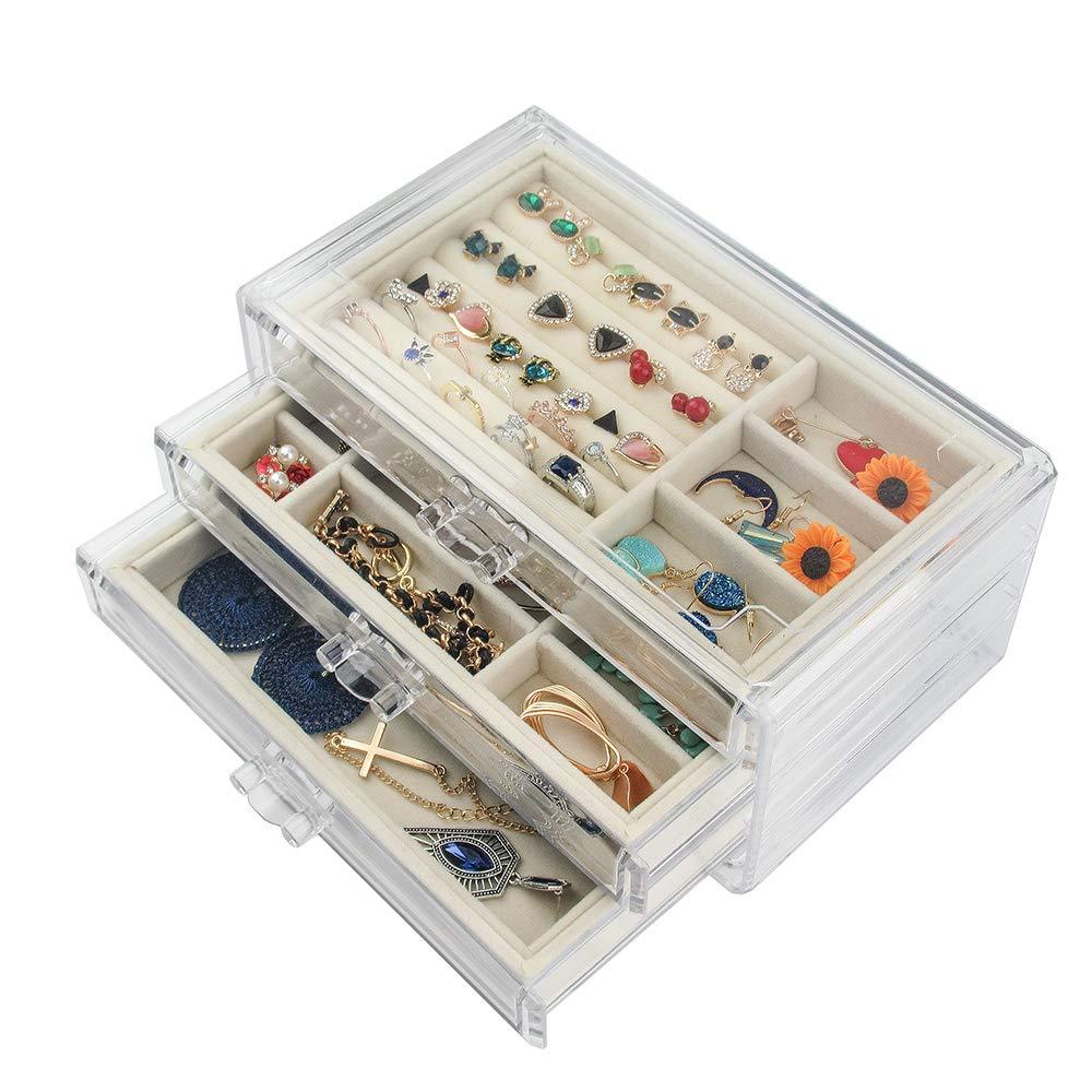 Free shipping Acrylic Jewelry Box 3 Drawers,Velvet Jewellery Organizer,Earring Rings Necklaces Bracelets Display Case Gift for Women,Girls