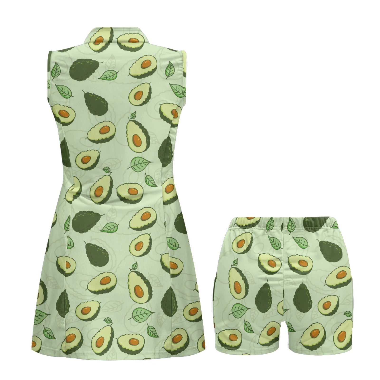 COEQINE Avocado and Leaf Green Print Women's Golf Dress with Collared Design Sleeveless Zip Up Sports Dresses with Built in Shorts and Pockets 2 Pieces Elastic Workout Outfits, S