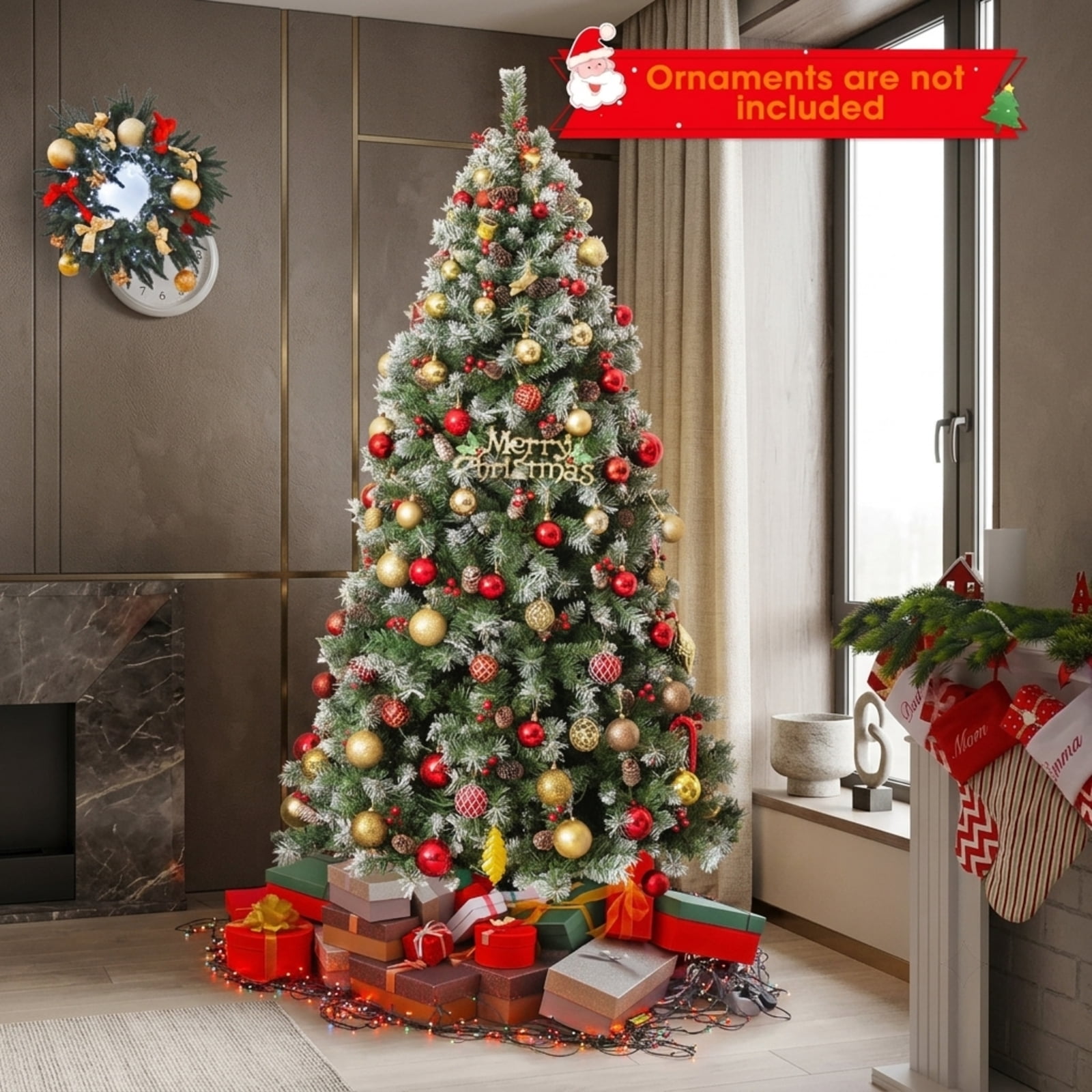 RUIE 6.5 ft Hinged Christmas Tree, Pre-Lit Green White Artificial Xmas Tree with 420 LED Lights, 909 Branch Tips and Pine Cones