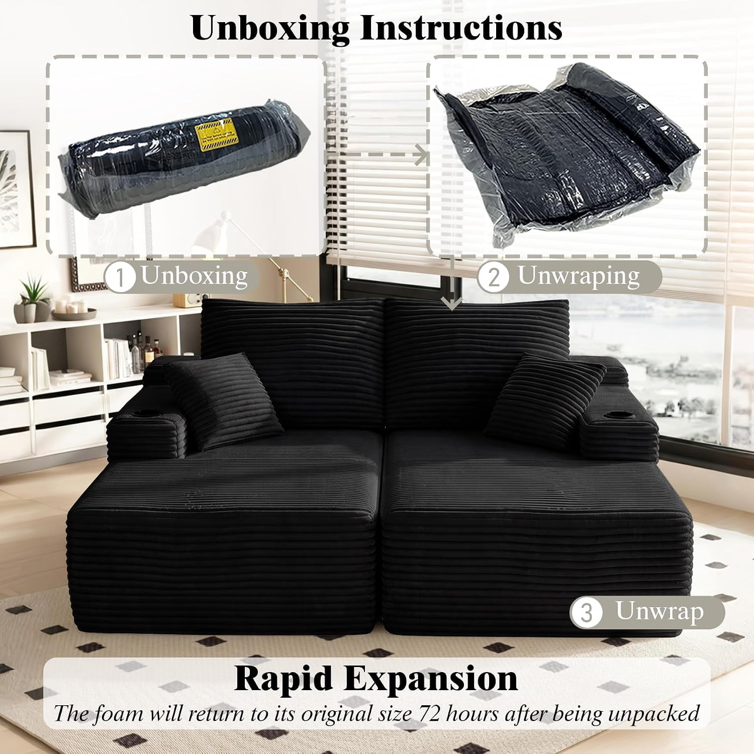 76 Inch Deep Seat 2-Seater Recliner Sofa Bed with Cup Holders, No Assembly Needed, Black