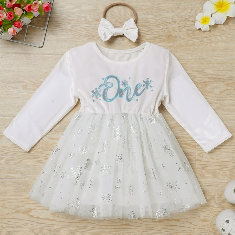IDOPIP Baby Girls Winter Snowflake 1st Birthday Dress Outfit Velvet Tulle  Tutu Dress + Headband