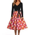 thumbnail image 4 of Women's Halloween Dress Candy Castle Long Sleeve 1950s Hepburn Fall Tea Length Dress V Neck Cocktail Vintage Funny Dresses with Belt XL, 4 of 5