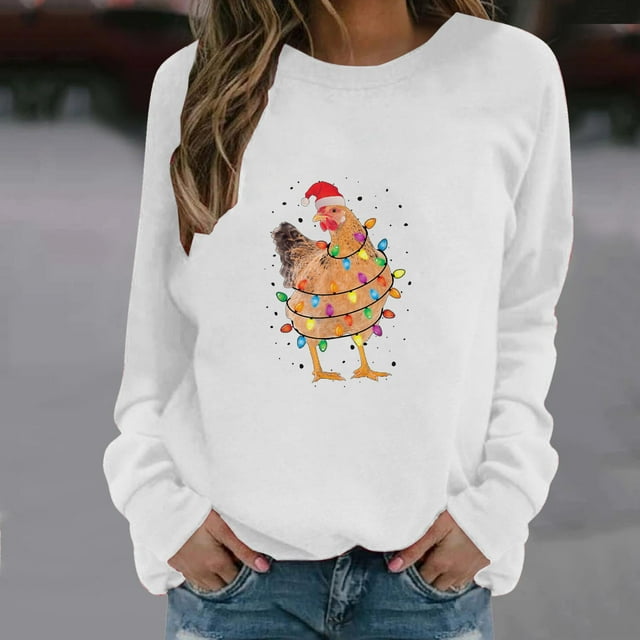 EGNMCR Chandail en Molleton de Noël pour Femmes, Col Rond, Manches Longues, Imprimé, Blouse Régulière, Chandails en Molleton à Capuche pour Femmes