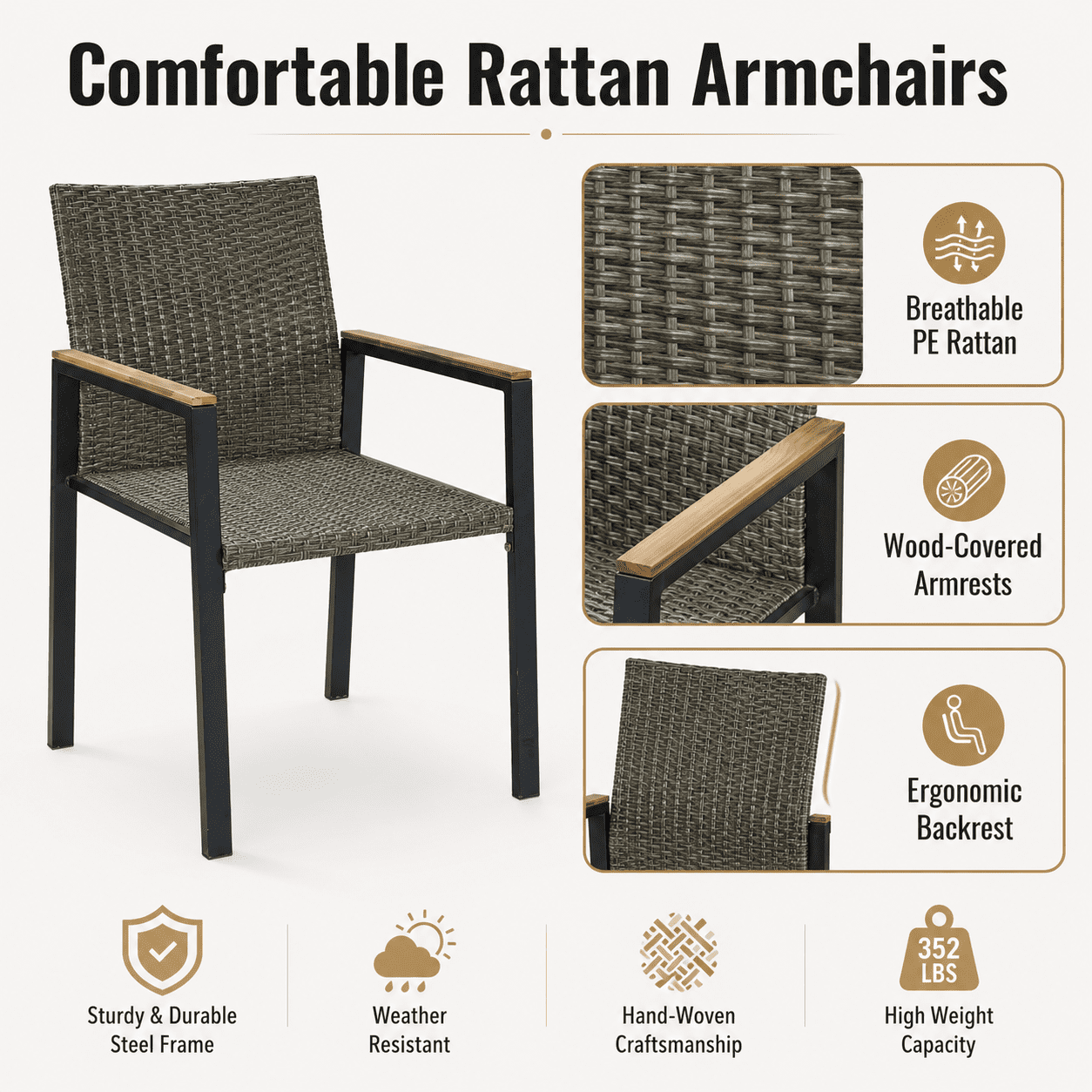 Seizeen 7-Piece Outdoor Table and Chairs, Patio Table Set with 6 Rattan Chairs, All-weather Outdoor Patio Dining Sets Rectangular Metal Table with Acacia Wood Top, Umbrella Hole, Gray