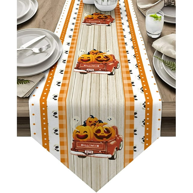 Cotton Linen Table Runners Truck with Pumpkin Halloween Theme Kitchen Dining Burlap Table Decoration for Home Party Decor 13 x 108 Inch