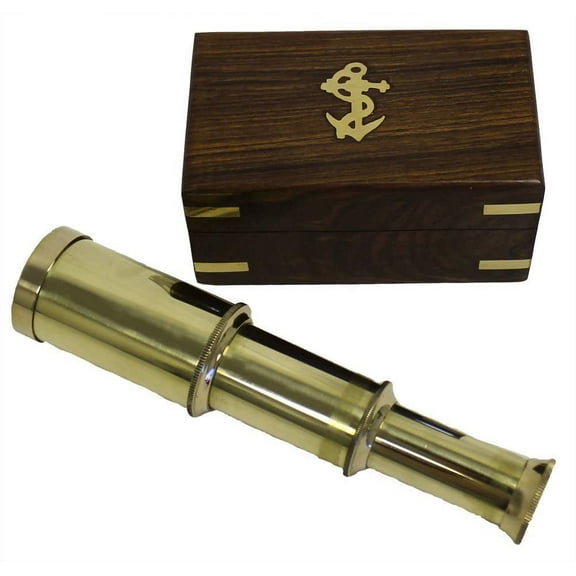 6 Solid Brass Handheld Telescope - Nautical Pirate Spy Glass with Wood Box Rustic Vintage Home Decor Gifts