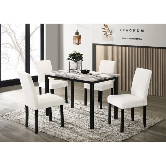 White Dining Set with 4 Chairs | Suitable for Dining Room Entertaining | Faux Marble Table and Wool Fabric Seats | Comfortable Solid Back Chairs