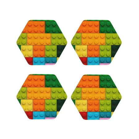 

Fuzoiu Colorful Building Blocks Print Leather Coasters Set Drink Coasters Set of 4 for Tabletop Protection Durable PVC Coasters Home Décor and Housewarming Gift-Hexagon