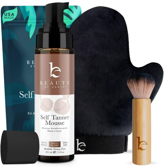 Self Tanner Tanning Mousse Kit - USA Made with Natural & Organic Ingredients, Tan Kit with Kabuki Brush & Mitt, Tanning Foam for Fake Tan, Non Toxic