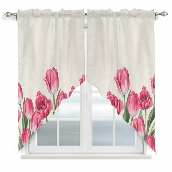 Pink Tulip Flower Swag Valances for Windows 2 Pack, Kitchen Window Curtains 36 Inch Length, Spring Floral Leaves Plants Retro Beige Privacy Swag Curtains for Living Room/Bathroom 36"x36"