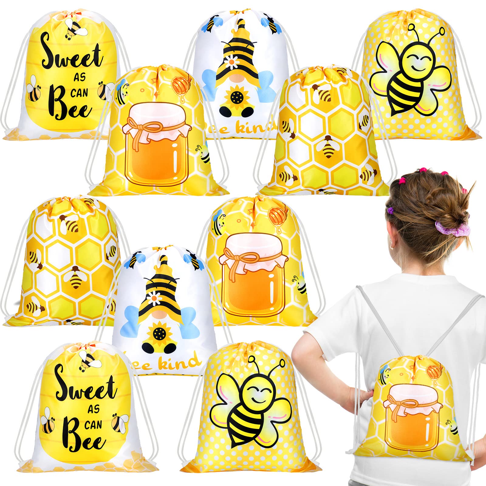 Woanger 15 Pieces Honey Bee Party Favor Bags Bee Themed Drawstring Bags