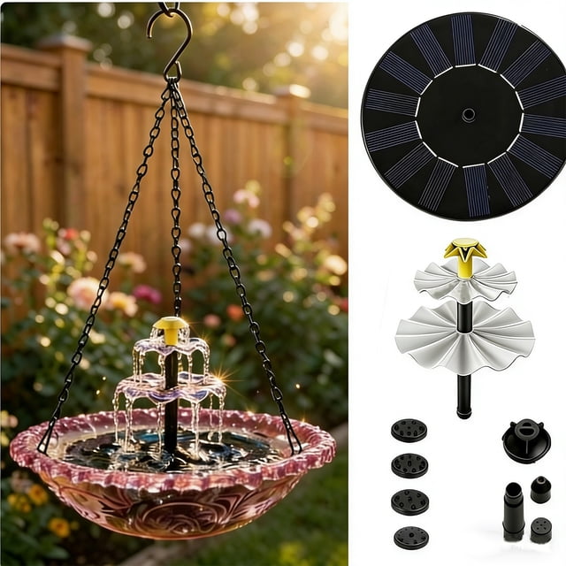 weibbin 3 Tier Solar Powered Hanging Bird Bath for Garden, Cascading Water Feeder with Pump