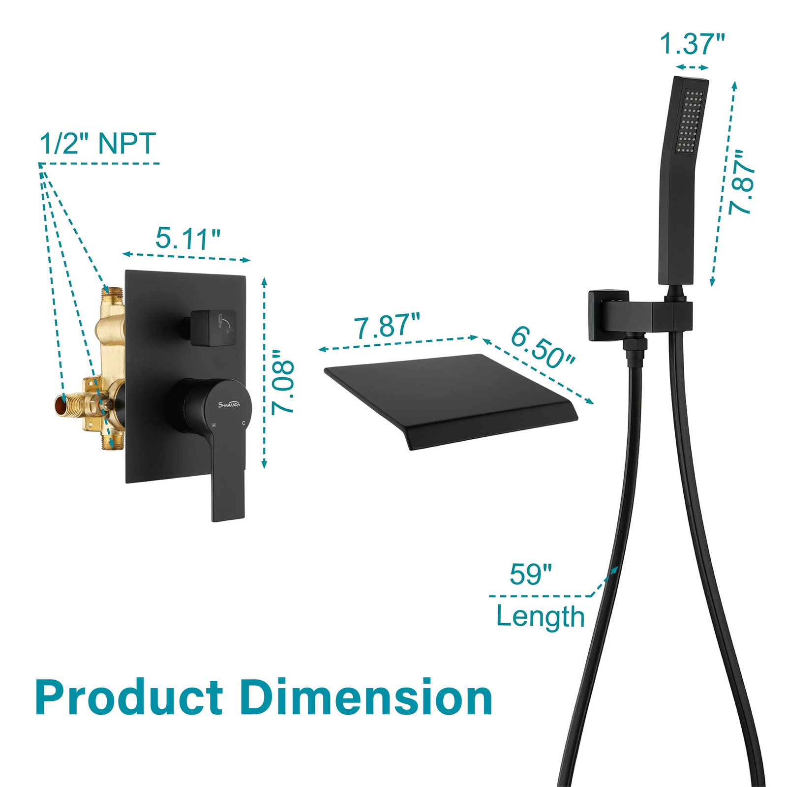 ANGELES HOME Wall Mount Tub Faucet with Waterfall Tub Spout, Bathtub Faucet with Handheld Shower, Single Handle Tub Filler Shower Faucet Set, Matte Black