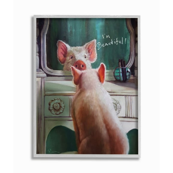 Stupell Industries I'm Beautiful Painted Pig in Mirror Illustration Framed Wall Art by Lucia Heffernan