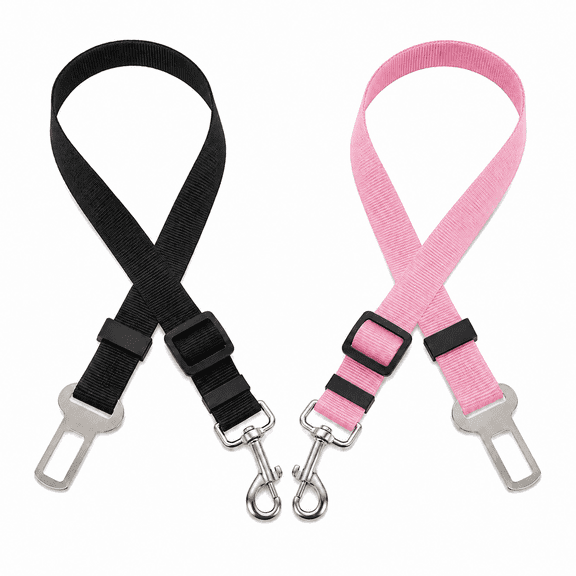 PawchumDog Seat Belt for Car, 2 Pack Adjustable Pet Safety Harness Leash, Durable Nylon Car Restraint with Metal Buckle, Black & Pink