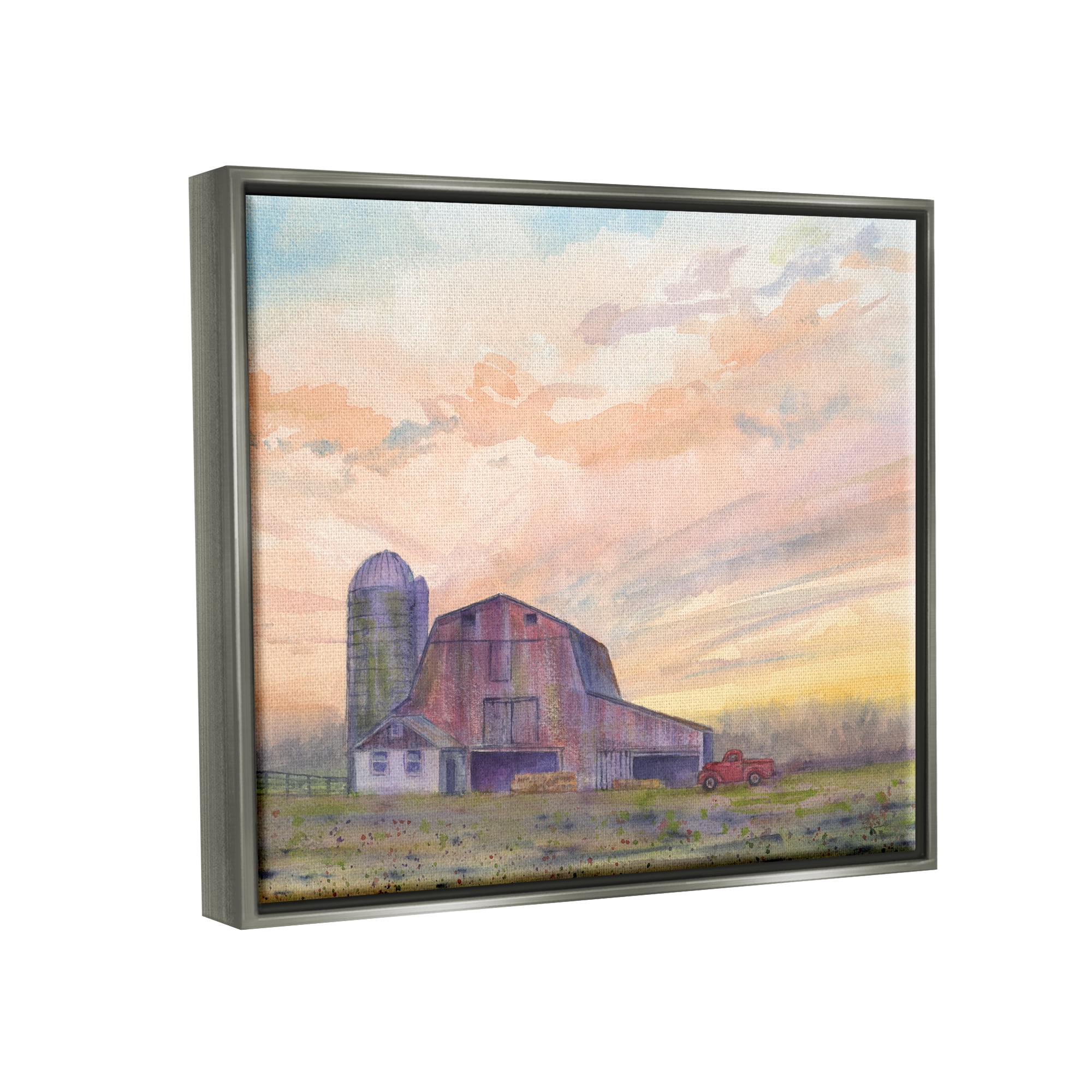 Stupell Industries Country Barn at Sunrise Nature Painting Gray Floater Framed Art Print Wall Art, 21 x 17