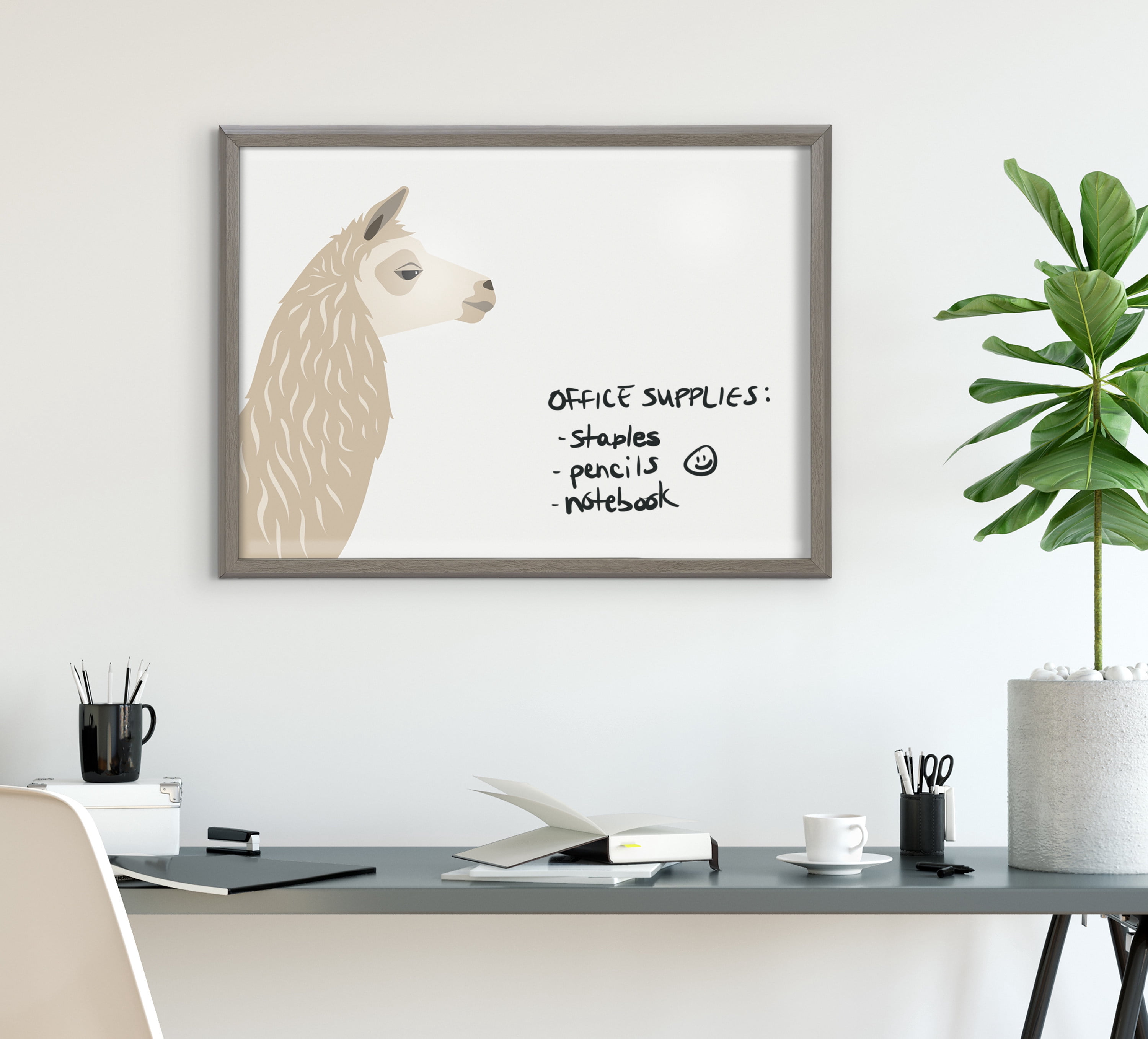 Kate and Laurel Blake Llama Larry Framed Printed Glass Dry Erase Wall Art by Rocket Jack, 18x24 Gray, Contemporary Printed Glass Wall Decor