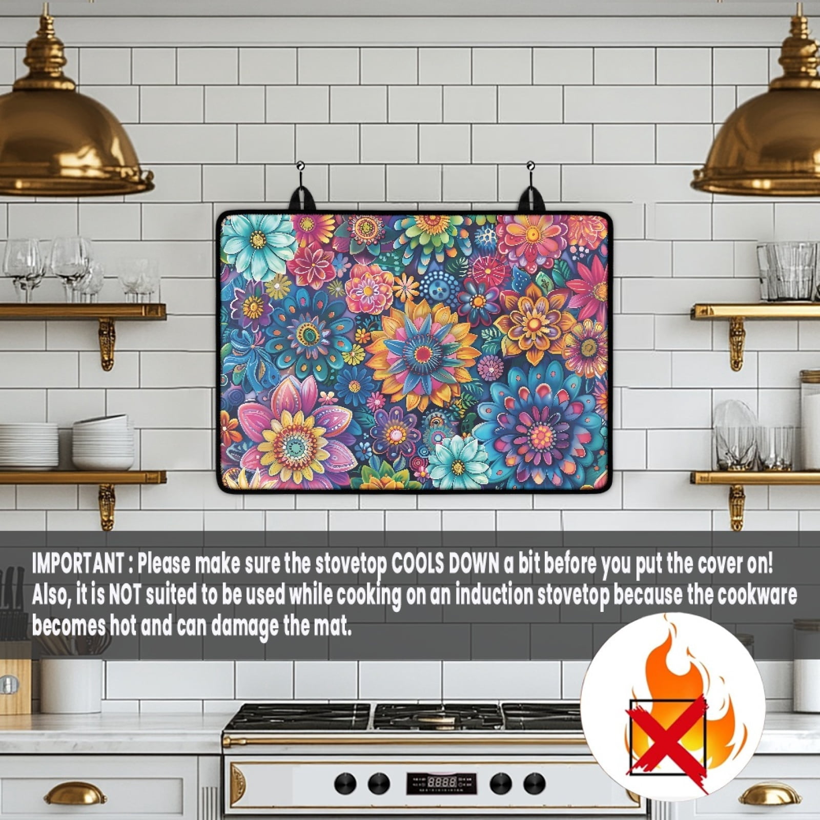 Renewold Stove Cover for Stove Top, Ceramic Stove Top Cover Mat Scratch Resistant Oil Resistant Stovetop Cover Oven Mat Protector for Kitchen Decor, Bohemian Flower Dark Blue