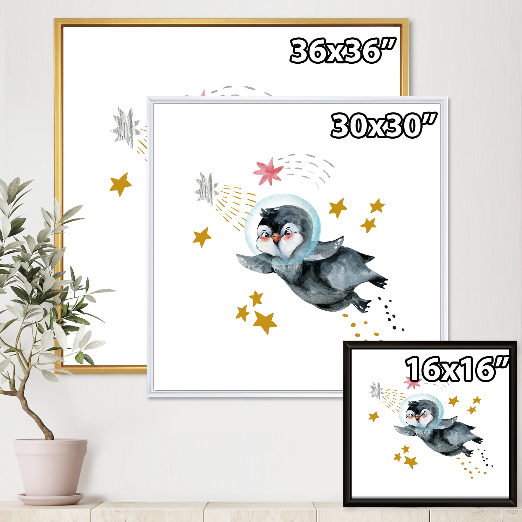 Designart 'Little Penguin Flying Planets and Stars I' Farmhouse Framed Canvas Wall Art Print