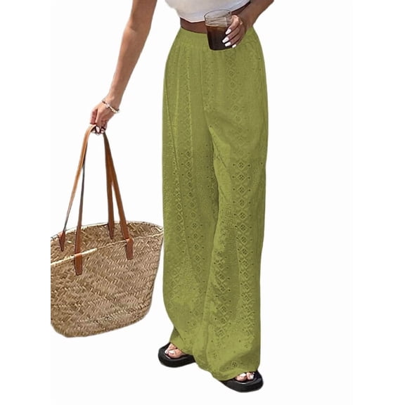 Women Wide Leg Trousers Embroidered Lace Eyelet Baggy Pants Dressy Trendy Beach Palazzo Pants