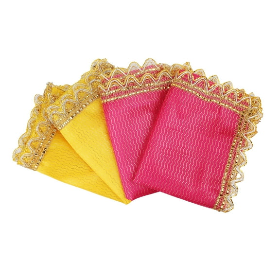Set of 4 Chunari Decorative Silk Large Cloth Puja Chunni Chunar (Size :- 21 Inches x 13 Inches) Aasan Mat for Statue Frame Idol Temple for Indian Traditional Festival Decoration(Pink& Yellow)