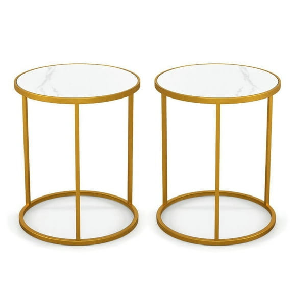 Demi Bonn End Table, Round Marble End Table, 16ch Marble Top Round Side Table with Golden Metal Frame-Set of 2, Sofa Side Table, Bed Side Table, for Living Room, Bedroom, White