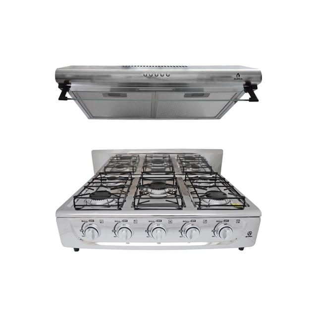 Combo Calabria SUPRA Parrilla Sobre Mesa 5Q-TA 5 quemadores + Campana CB-60 Acero Inoxidable