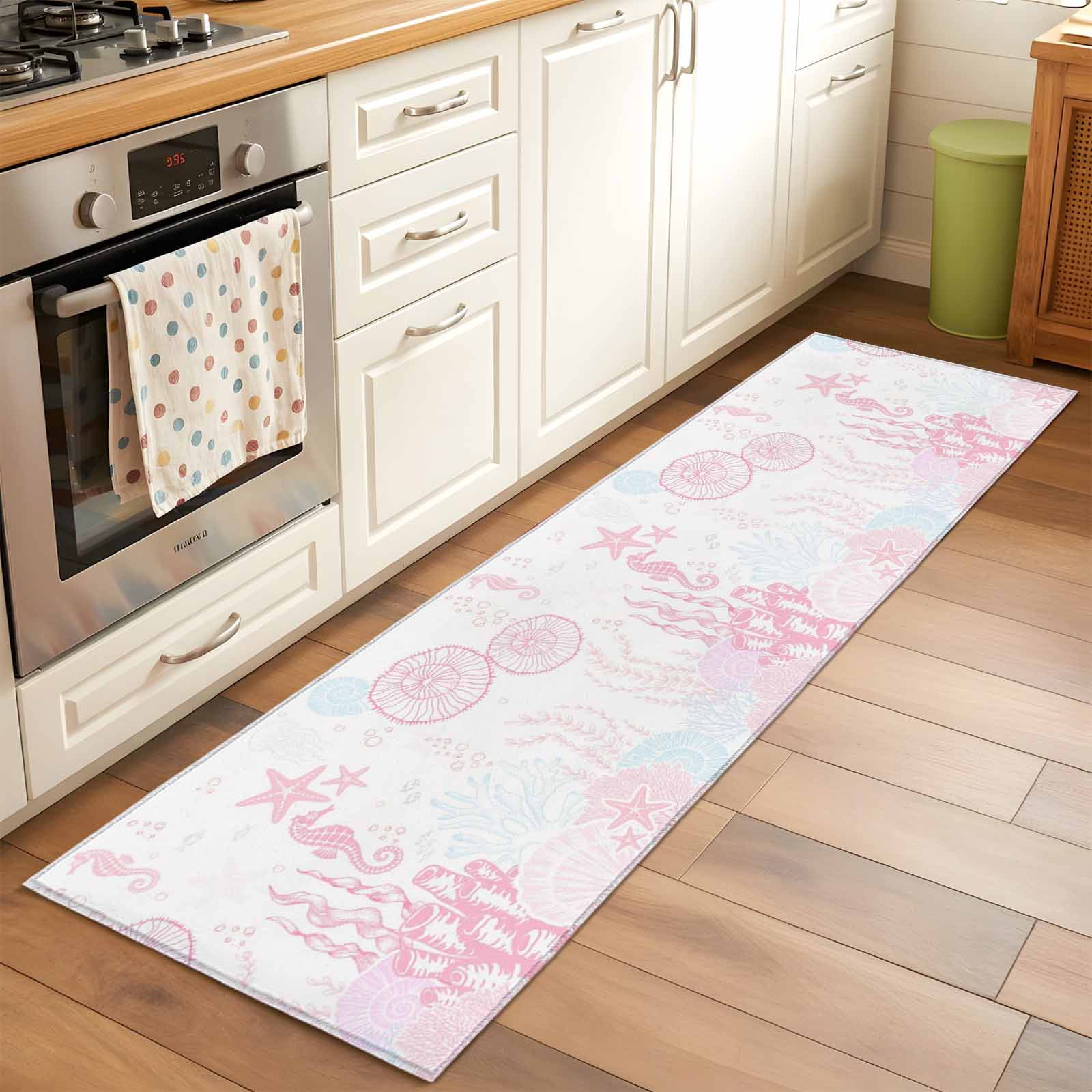 Kitchen Runner 2 x 6 Ft, Coastal Pink Non-Slip Residential Carpet, Ocean Coral Starfish Jellyfish Seahorse Indoor Crawling Mats Runner Rugs for Living Room/Dining Room/Bedroom