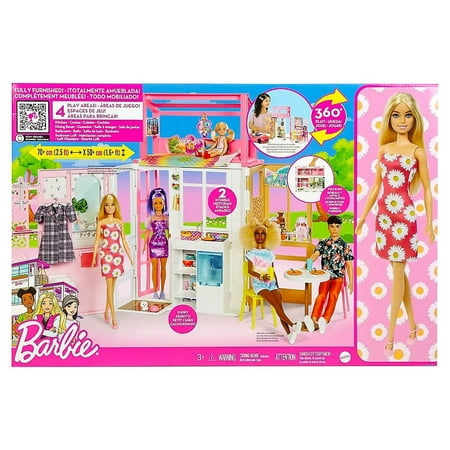 Barbie Dollhouse with Doll, 2 Levels & 4 Play Areas, Fully Furnished, 3 to 7 Year Olds