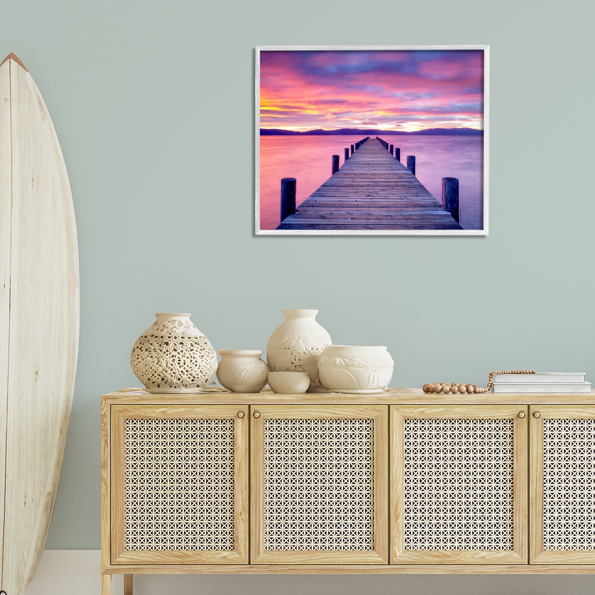 Stupell Industries Purple Sunset Dock Landscape Photography White Framed Art Print Wall Art, 30 x 24