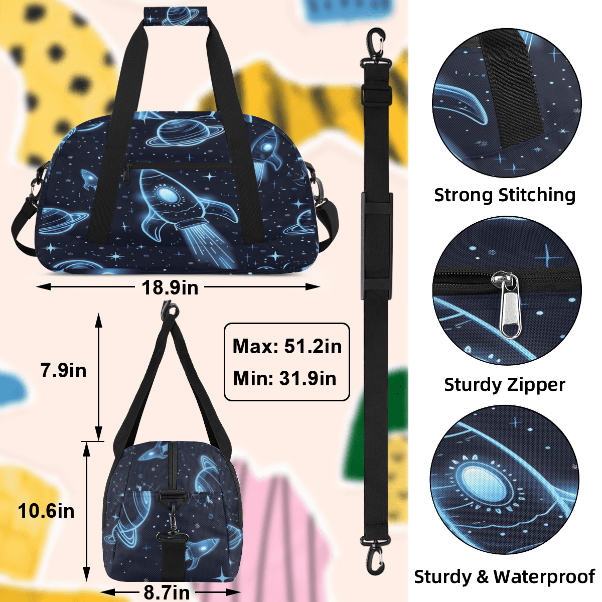 Herdesigns Planets Universe Rocket Sports Duffle Bag for Women & Men, Outer Space Gym Bag Dance Bag Overnight Bag Carry On Weekender Travel Bag