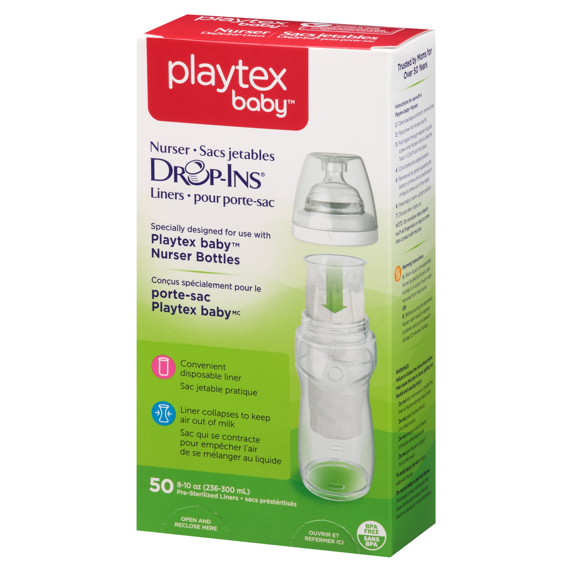 Playtex 100ct Baby Drop-Ins Liners For Playtex Baby Nurser Bottles 8-10oz 