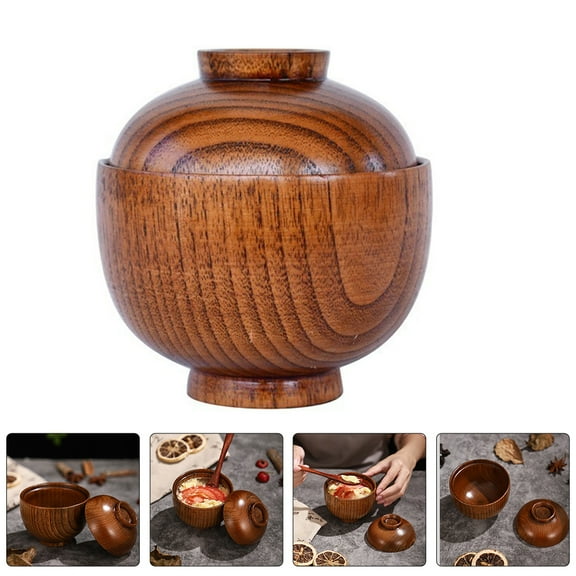 WHAMVOX Wooden Bowl with Lid Small Wood Food Serving Bowl Soup Bowl Snack Bowl Steamed Egg Bowl Traditional Japanese Food Lidded Bowl