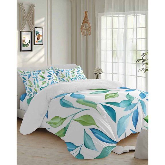4 Piece Duvet Cover Set Cal king, Spring Blue Green Leaves on White Soft Breathable Bedding Set with Pillow Shams Flat Sheet, Pastoral Botantical Bed Comforter Cover Sets