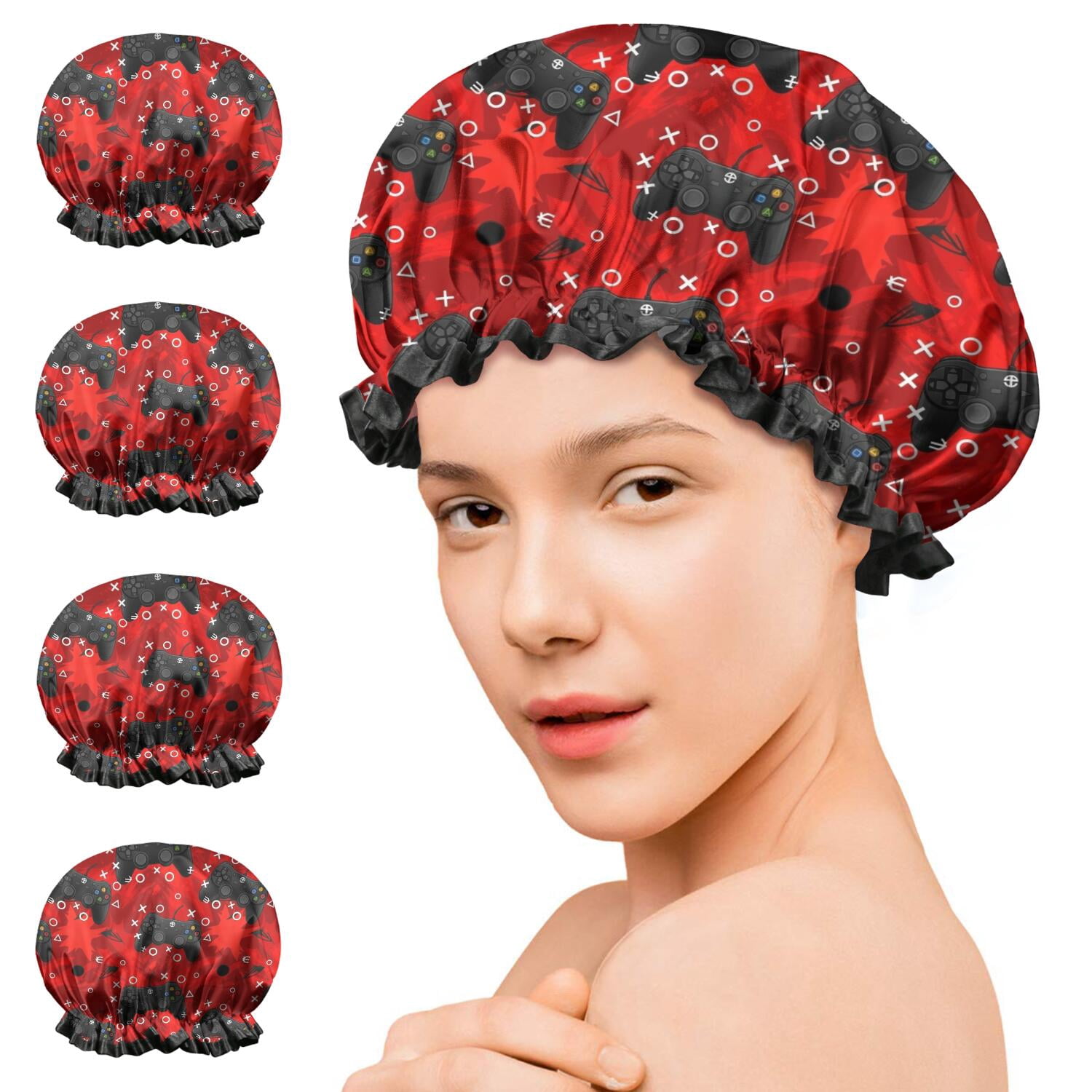 Shower Caps,Black Controllers Games Icons Red Pattern Waterproof Shower Cap for Women 4 Pieces,Double Reusable Hair Cover for Shower PEVA Elastic Stretch Hem