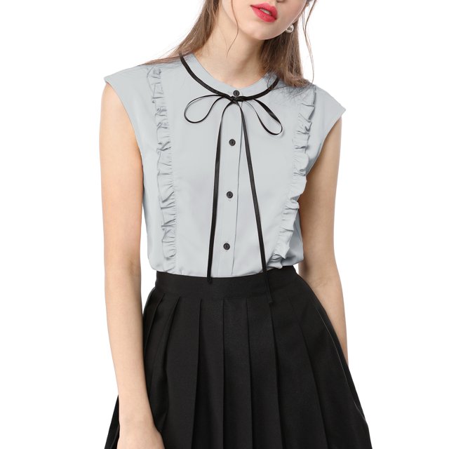 INSPIRE CHIC Women's Tie Neck Cap Sleeve Button Down Ruffle Summer Shirt