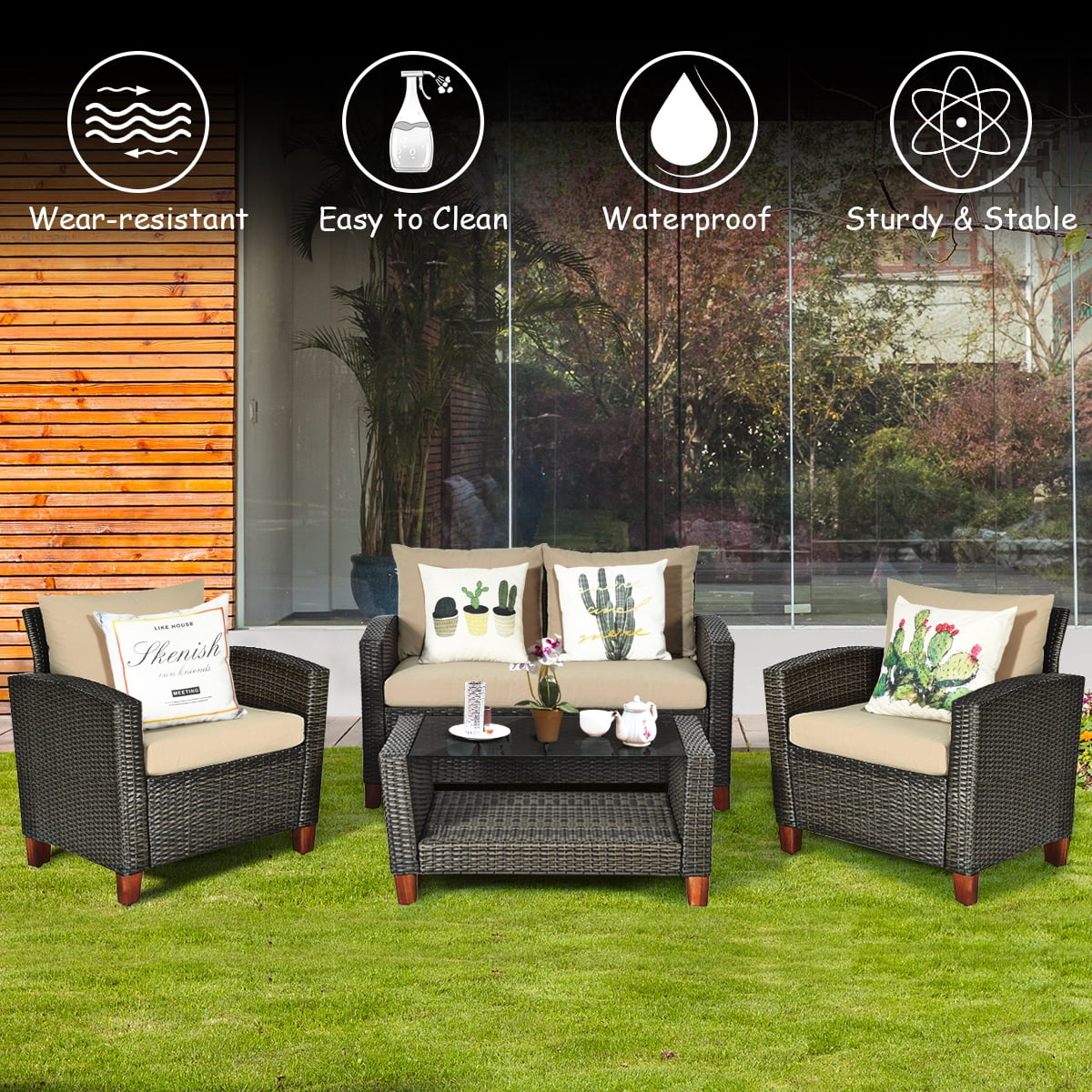 Costway 4PCS Patio Rattan Furniture Set Solid Wood Leg Cushioned Sofa Garden Lawn